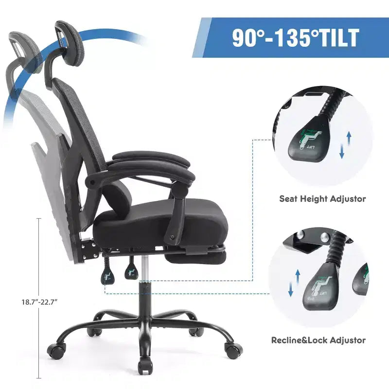 JIONJOY Sedia Gaming Ergonomica in Rete con Poggiapiedi - Reclinabile da 90 a 135 Gradi, Supporto Lombare e Poggiatesta Regolabili