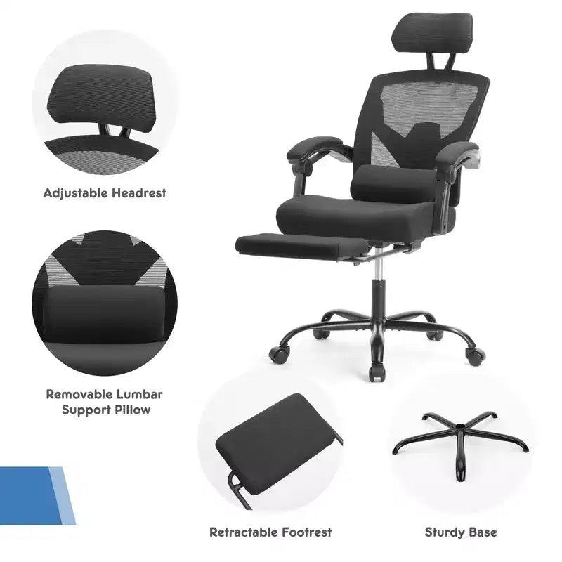 JIONJOY Sedia Gaming Ergonomica in Rete con Poggiapiedi - Reclinabile da 90 a 135 Gradi, Supporto Lombare e Poggiatesta Regolabili