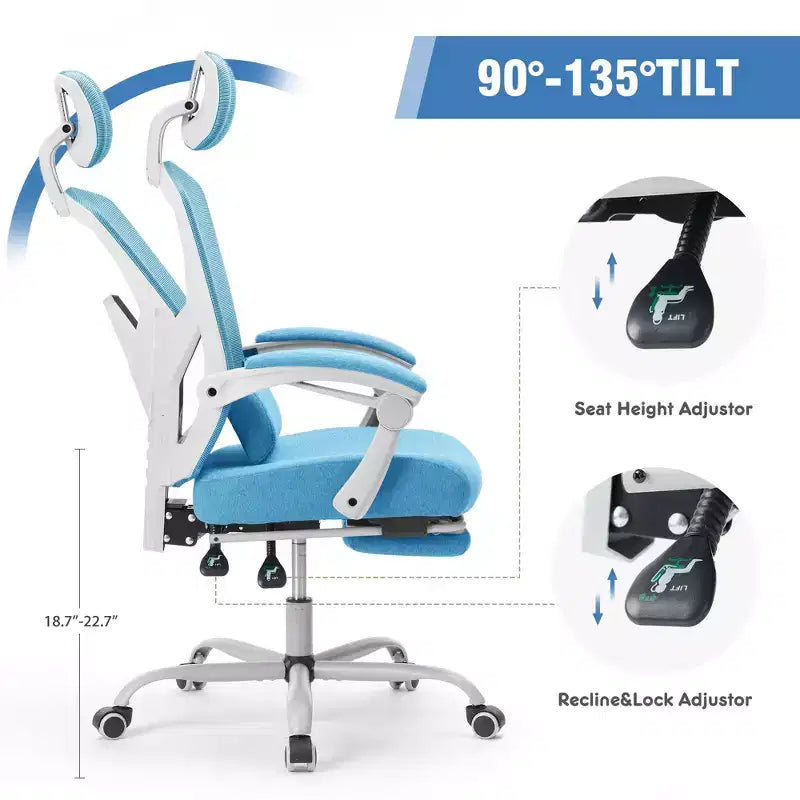 JIONJOY Sedia Gaming Ergonomica in Rete con Poggiapiedi - Reclinabile da 90 a 135 Gradi, Supporto Lombare e Poggiatesta Regolabili