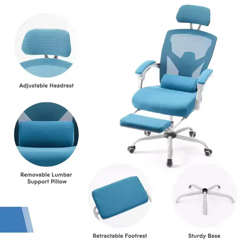JIONJOY Sedia Gaming Ergonomica in Rete con Poggiapiedi - Reclinabile da 90 a 135 Gradi, Supporto Lombare e Poggiatesta Regolabili