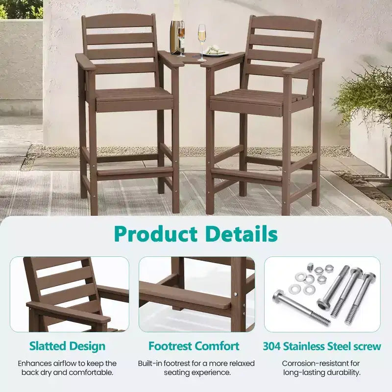 Hyleory HDPE Adirondack Bar Height Loveseat with Built-In Side Table, 2-Person Outdoor Double Chair