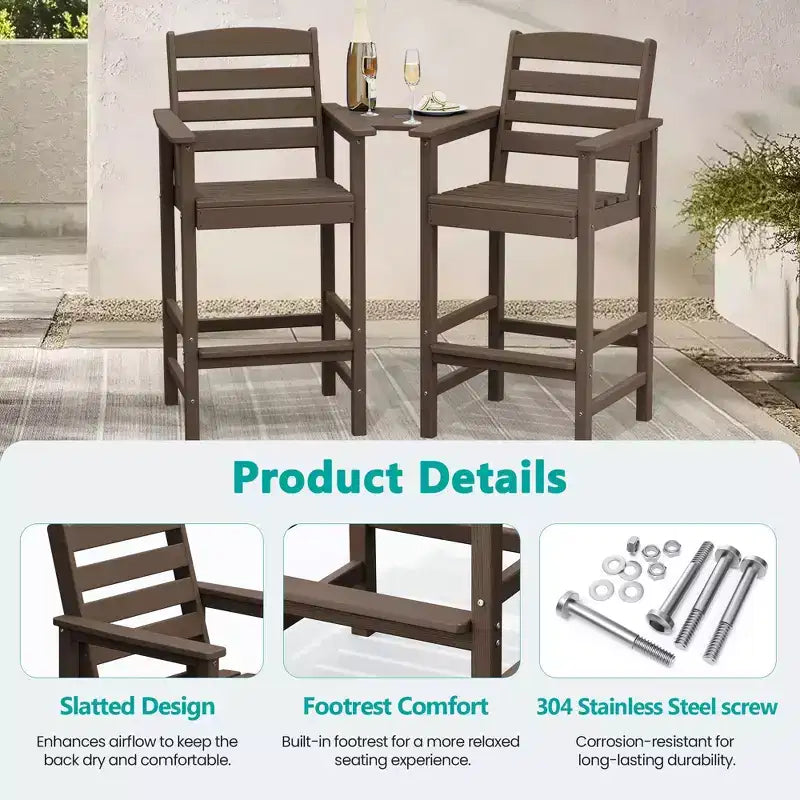 Hyleory HDPE Adirondack Bar Height Loveseat with Built-In Side Table, 2-Person Outdoor Double Chair
