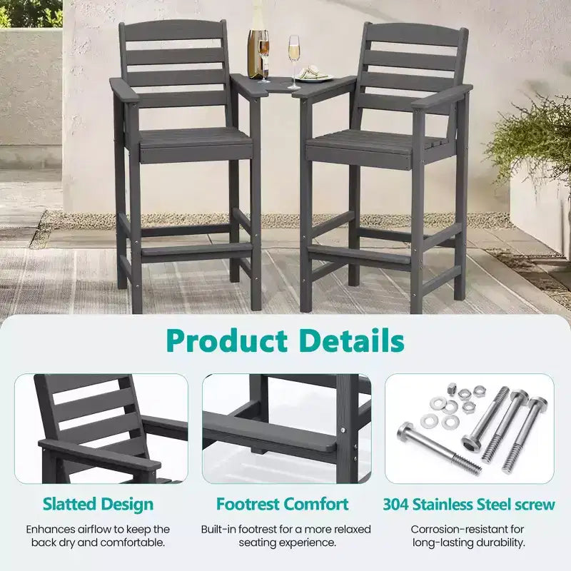 Hyleory HDPE Adirondack Bar Height Loveseat with Built-In Side Table, 2-Person Outdoor Double Chair