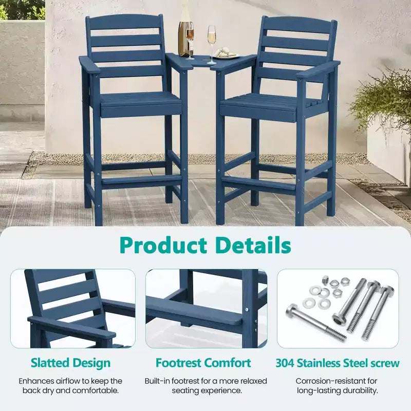Hyleory HDPE Adirondack Bar Height Loveseat with Built-In Side Table, 2-Person Outdoor Double Chair