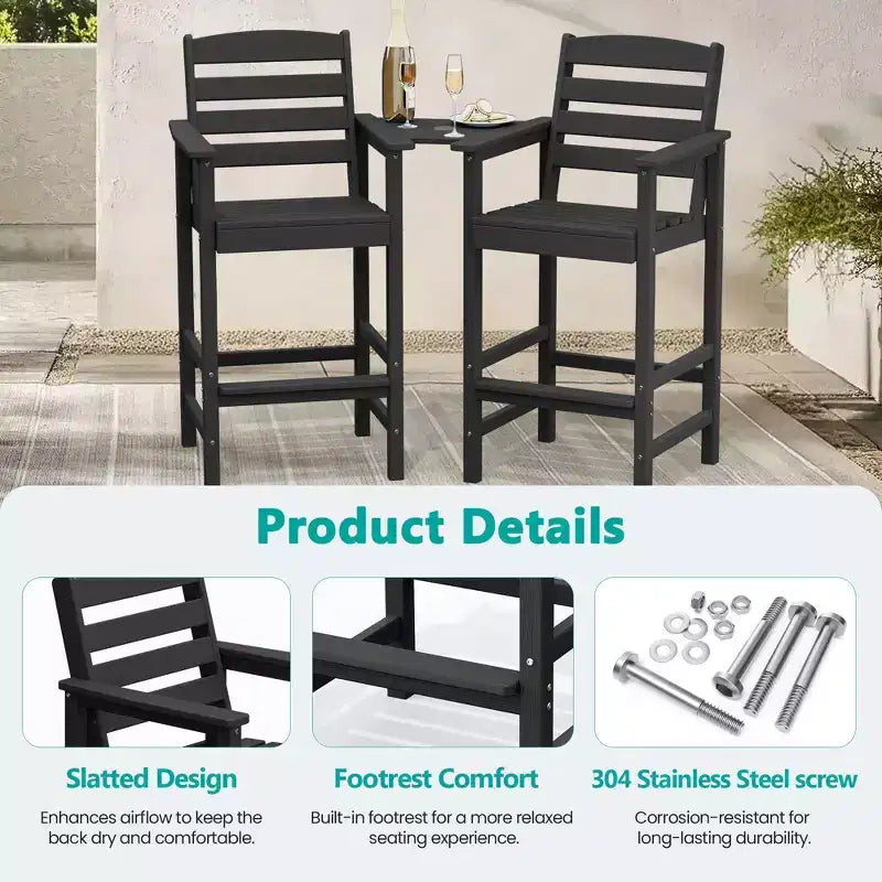 Hyleory HDPE Adirondack Bar Height Loveseat with Built-In Side Table, 2-Person Outdoor Double Chair