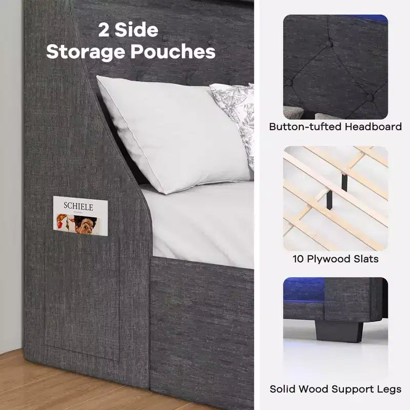 Costway Full/Queen Size Bed Frame with LED Lights & Charging Station Upholstered Platform Bed