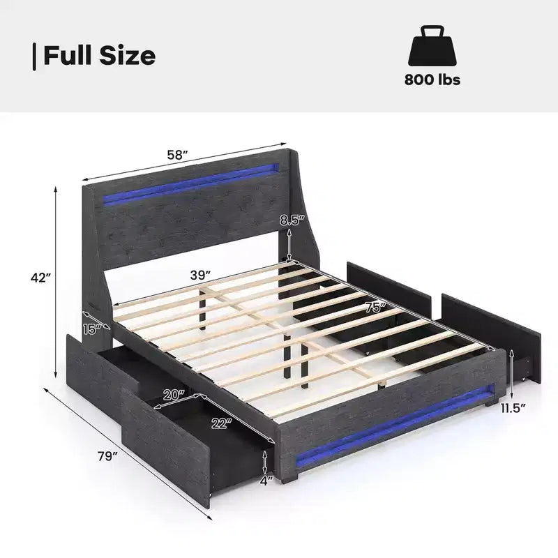 Costway Full/Queen Size Bed Frame with LED Lights & Charging Station Upholstered Platform Bed