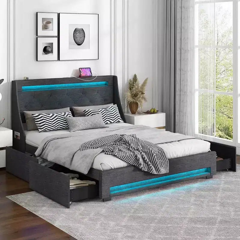 Costway Full/Queen Size Bed Frame with LED Lights & Charging Station Upholstered Platform Bed