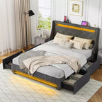 Costway Full/Queen Size Bed Frame with LED Lights & Charging Station Upholstered Platform Bed