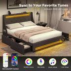 Costway Full/Queen Size Bed Frame with LED Lights & Charging Station Upholstered Platform Bed