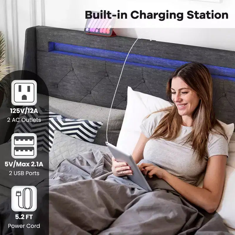 Costway Full/Queen Size Bed Frame with LED Lights & Charging Station Upholstered Platform Bed