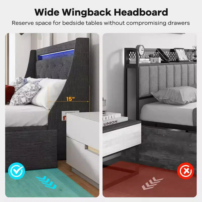 Costway Full/Queen Size Bed Frame with LED Lights & Charging Station Upholstered Platform Bed