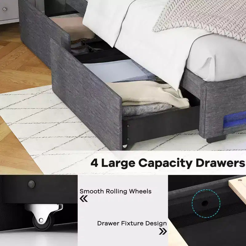Costway Full/Queen Size Bed Frame with LED Lights & Charging Station Upholstered Platform Bed