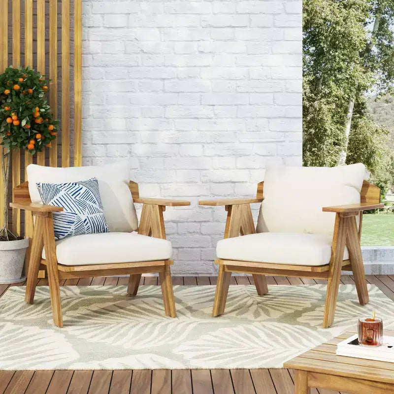 Christopher Knight Home Arcola Outdoor Acacia Wood Club Chairs with Water Resistant Cushions (Set of 2), Teak and Beige