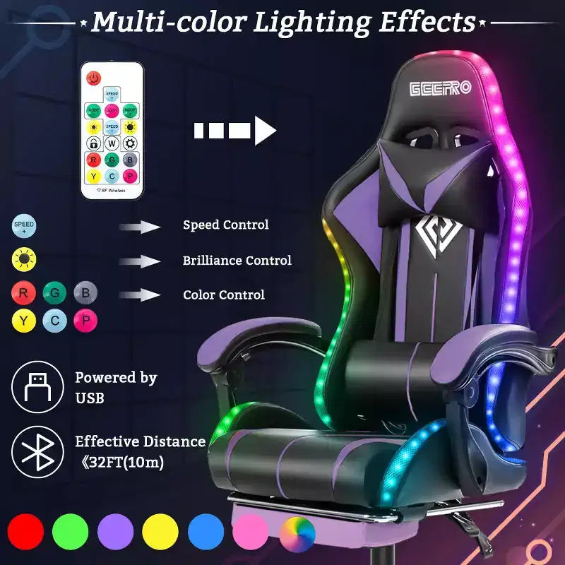 Hoffree Comfort Massage Racing Gaming Chair Ergonomic Office PC Chair with Footrest & RGB Light