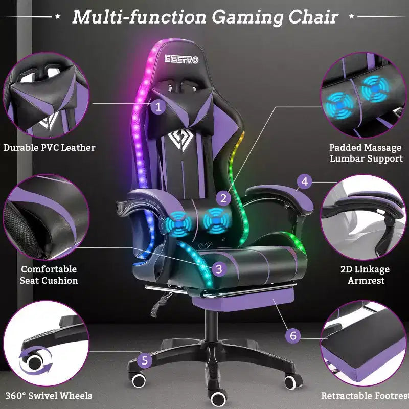 Hoffree Comfort Massage Racing Gaming Chair Ergonomic Office PC Chair with Footrest & RGB Light