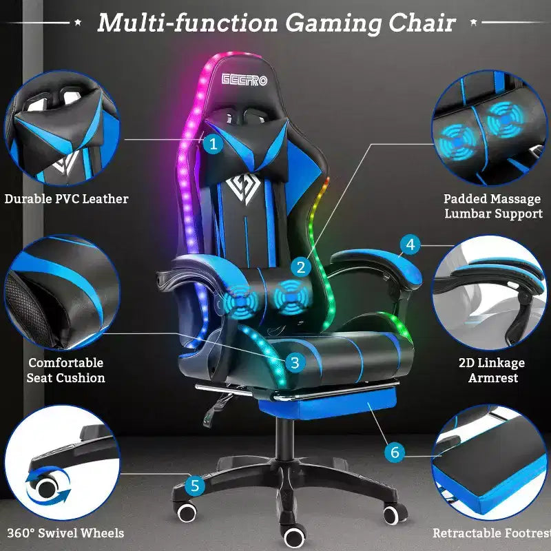 Hoffree Comfort Massage Racing Gaming Chair Ergonomic Office PC Chair with Footrest & RGB Light