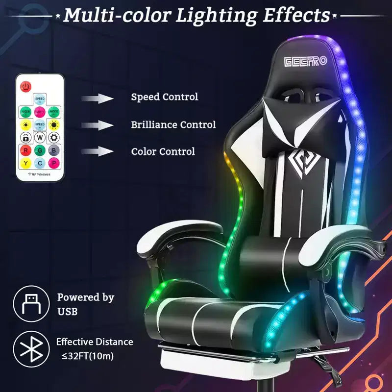 Hoffree Comfort Massage Racing Gaming Chair Ergonomic Office PC Chair with Footrest & RGB Light
