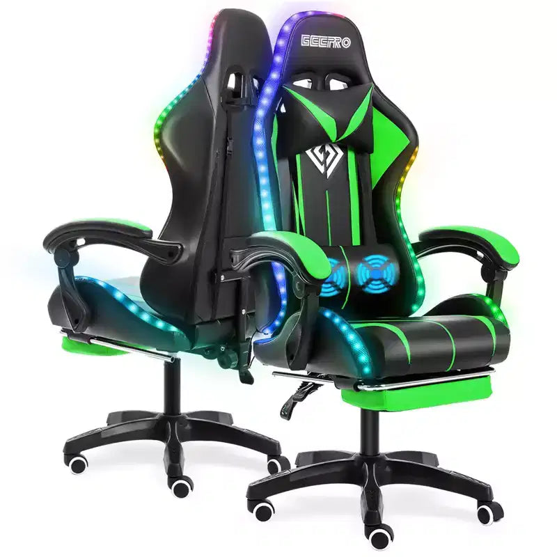 Sedia da gioco da corsa massaggiante Hoffree Comfort Sedia da ufficio ergonomica per PC con poggiapiedi e luce RGB
