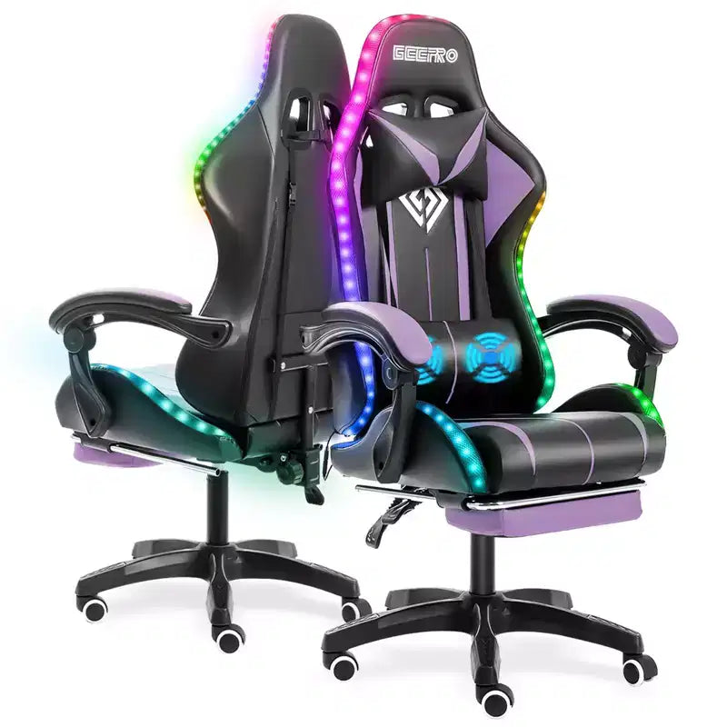 Sedia da gioco da corsa massaggiante Hoffree Comfort Sedia da ufficio ergonomica per PC con poggiapiedi e luce RGB