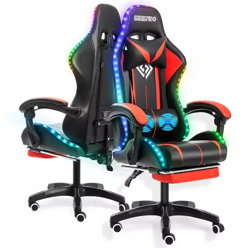 Sedia da gioco da corsa massaggiante Hoffree Comfort Sedia da ufficio ergonomica per PC con poggiapiedi e luce RGB