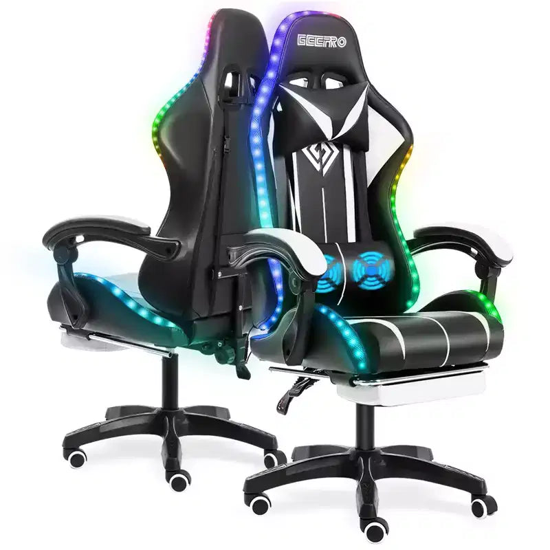 Sedia da gioco da corsa massaggiante Hoffree Comfort Sedia da ufficio ergonomica per PC con poggiapiedi e luce RGB