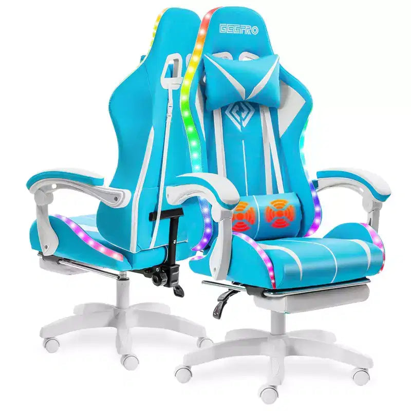 Sedia da gioco da corsa massaggiante Hoffree Comfort Sedia da ufficio ergonomica per PC con poggiapiedi e luce RGB