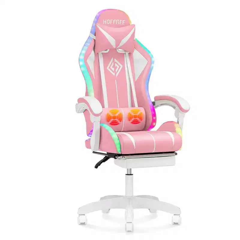 Sedia da gioco da corsa massaggiante Hoffree Comfort Sedia da ufficio ergonomica per PC con poggiapiedi e luce RGB