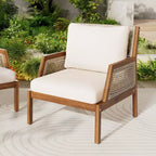 Poltrona Club da Esterno in Legno di Acacia e Vimini, Poltrona Accent Intrecciata con Cuscini, Sedia a Sdraio da Patio per Portico, Giardino e Balcone, Marrone - ModernLuxe