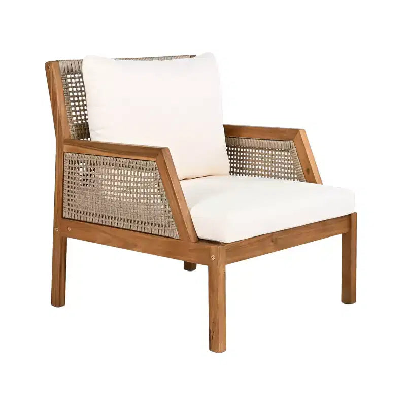 Poltrona Club da Esterno in Legno di Acacia e Vimini, Poltrona Accent Intrecciata con Cuscini, Sedia a Sdraio da Patio per Portico, Giardino e Balcone, Marrone - ModernLuxe