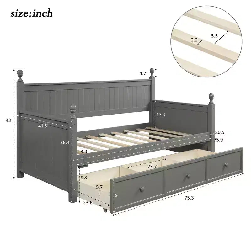 Twin Size Wooden Daybed with Three Storage Drawers or Trundle, Space-Saving Bed Frame, No Box Spring Needed - ModernLuxe