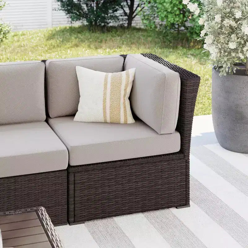Martha Stewart Bedford Indoor-Outdoor Modular Patio Sectional Sofa Corner Seat in Rattan Wicker with All-Weather Cushions