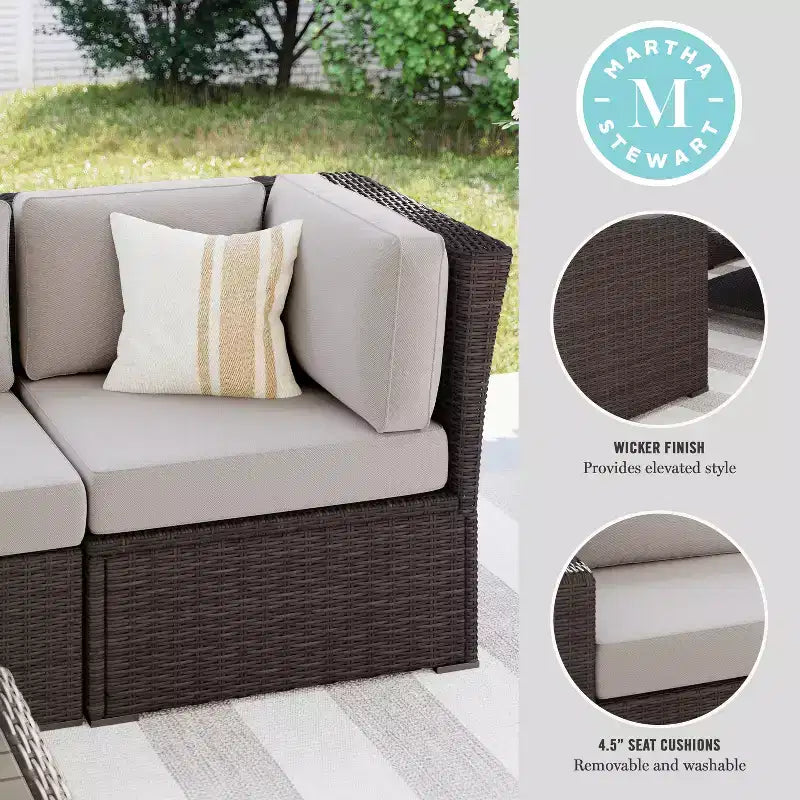 Martha Stewart Bedford Indoor-Outdoor Modular Patio Sectional Sofa Corner Seat in Rattan Wicker with All-Weather Cushions