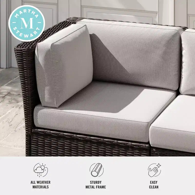 Martha Stewart Bedford Indoor-Outdoor Modular Patio Sectional Sofa Corner Seat in Rattan Wicker with All-Weather Cushions