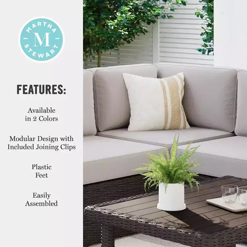 Martha Stewart Bedford Indoor-Outdoor Modular Patio Sectional Sofa Corner Seat in Rattan Wicker with All-Weather Cushions