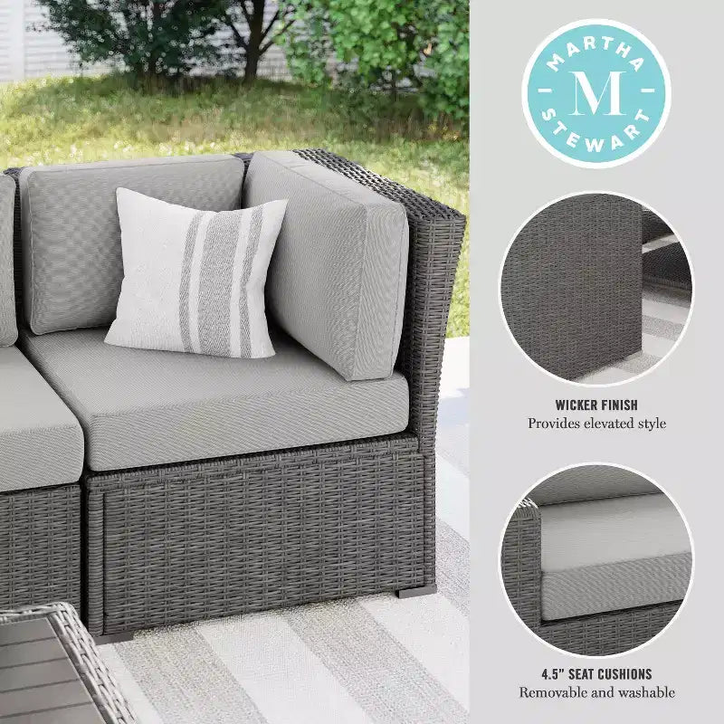 Martha Stewart Bedford Indoor-Outdoor Modular Patio Sectional Sofa Corner Seat in Rattan Wicker with All-Weather Cushions