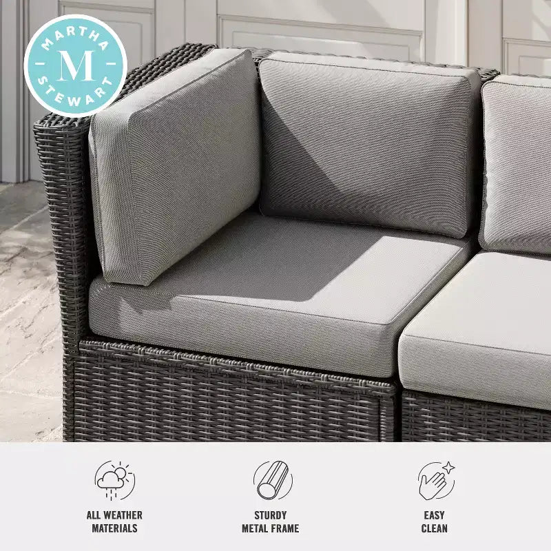 Martha Stewart Bedford Indoor-Outdoor Modular Patio Sectional Sofa Corner Seat in Rattan Wicker with All-Weather Cushions