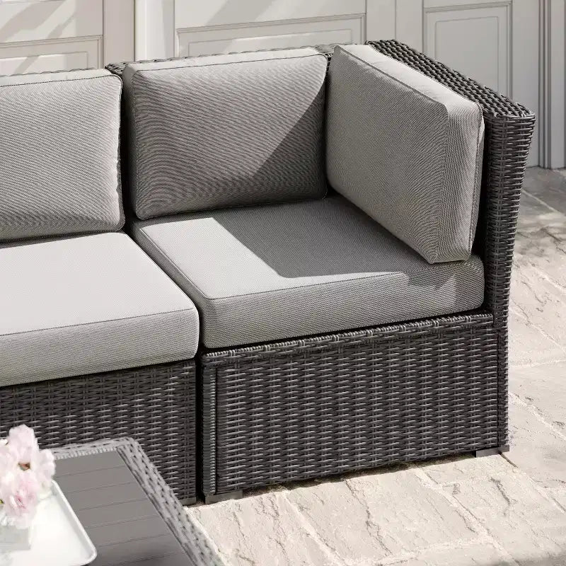 Martha Stewart Bedford Indoor-Outdoor Modular Patio Sectional Sofa Corner Seat in Rattan Wicker with All-Weather Cushions