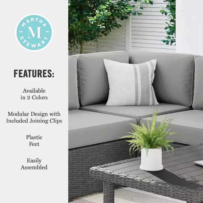Martha Stewart Bedford Indoor-Outdoor Modular Patio Sectional Sofa Corner Seat in Rattan Wicker with All-Weather Cushions