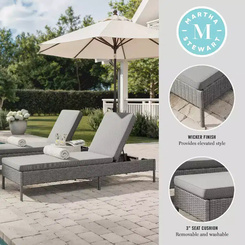 Martha Stewart Bedford Sdraio Regolabile per Patio da Interni-Esterni in Rattan Sintetico con Cuscini per Tutte le Stagioni