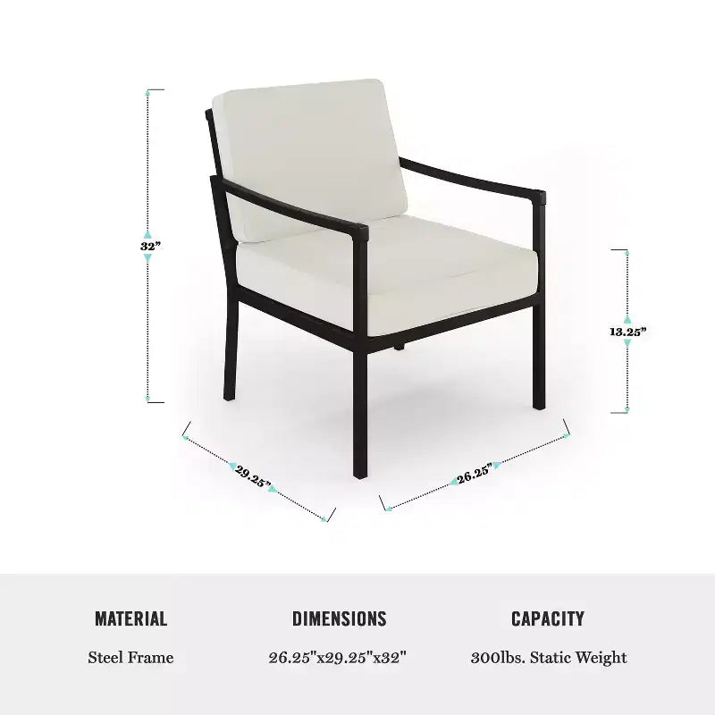 Martha Stewart Lily Pond Set of 2 Indoor-Outdoor Patio Accent Chairs with Steel Frames in Black with Cream All-Weather Cushions