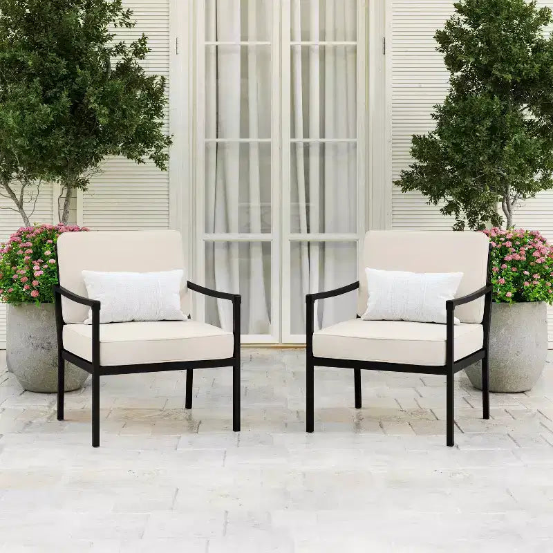 Martha Stewart Lily Pond Set of 2 Indoor-Outdoor Patio Accent Chairs with Steel Frames in Black with Cream All-Weather Cushions