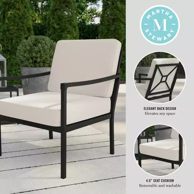Martha Stewart Lily Pond Set of 2 Indoor-Outdoor Patio Accent Chairs with Steel Frames in Black with Cream All-Weather Cushions