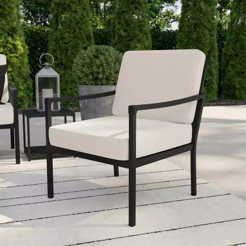 Martha Stewart Lily Pond Set of 2 Indoor-Outdoor Patio Accent Chairs with Steel Frames in Black with Cream All-Weather Cushions