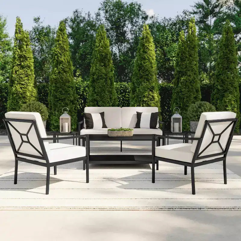 Martha Stewart Lily Pond Set of 2 Indoor-Outdoor Patio Accent Chairs with Steel Frames in Black with Cream All-Weather Cushions