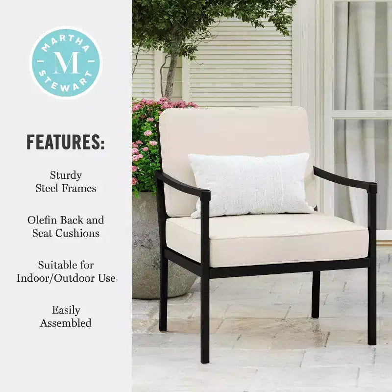 Martha Stewart Lily Pond Set of 2 Indoor-Outdoor Patio Accent Chairs with Steel Frames in Black with Cream All-Weather Cushions