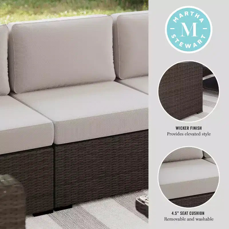 Martha Stewart Bedford Indoor-Outdoor Modular Patio Sectional Sofa Center Seat in Rattan Wicker with All-Weather Cushions