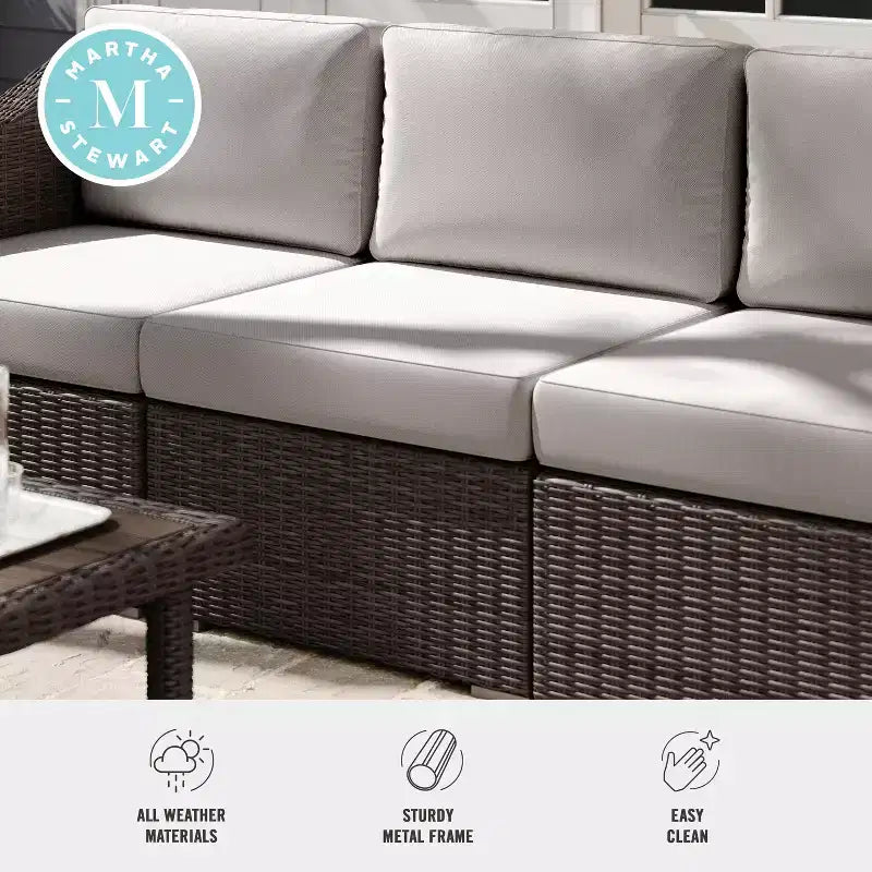 Martha Stewart Bedford Indoor-Outdoor Modular Patio Sectional Sofa Center Seat in Rattan Wicker with All-Weather Cushions