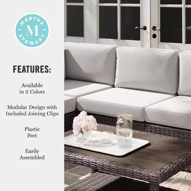Martha Stewart Bedford Indoor-Outdoor Modular Patio Sectional Sofa Center Seat in Rattan Wicker with All-Weather Cushions