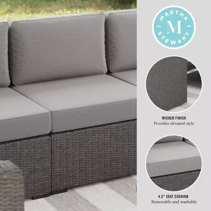 Martha Stewart Bedford Indoor-Outdoor Modular Patio Sectional Sofa Center Seat in Rattan Wicker with All-Weather Cushions